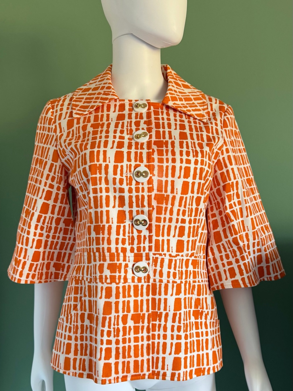 Sara Campbell Orange and White Vintage Inspired Textured Grid Button Up Jacket